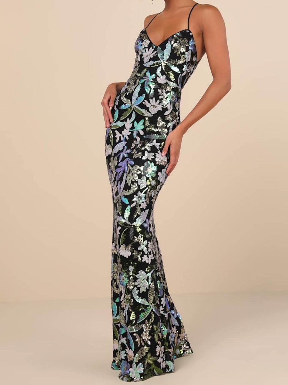 Lulus Black Floral Sequin Maxi Dress Lace Up Back Bodycon Prom Formal S - Picture 4 of 13